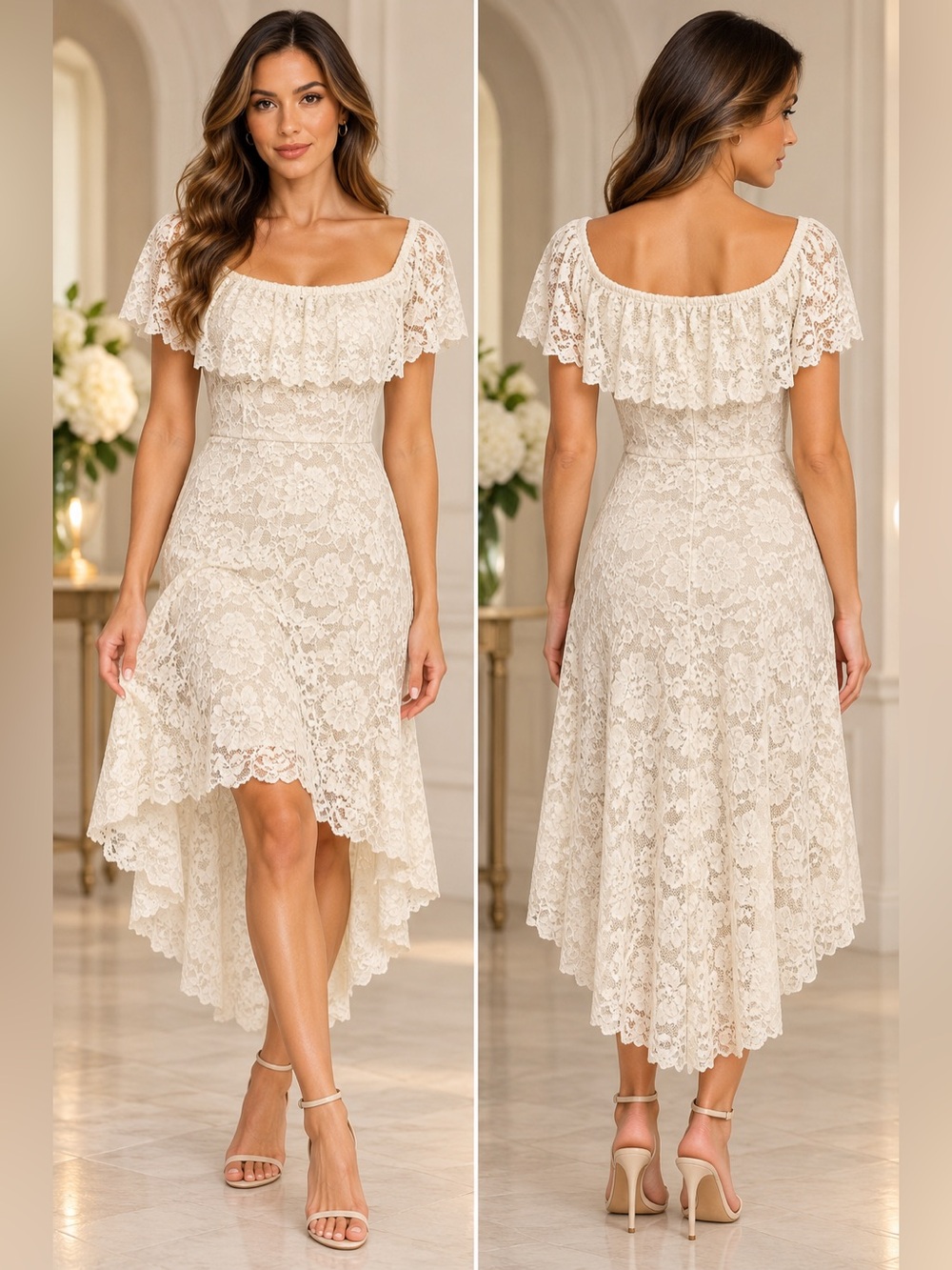 Windsor White Floral Lace Off The Shoulder High Low Skater Dress Bridal Small